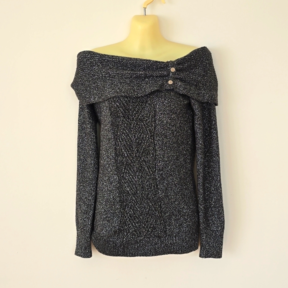 White House Black Market Black/Silver Sparkly off Shoulder Crowl Neck Sweater XS